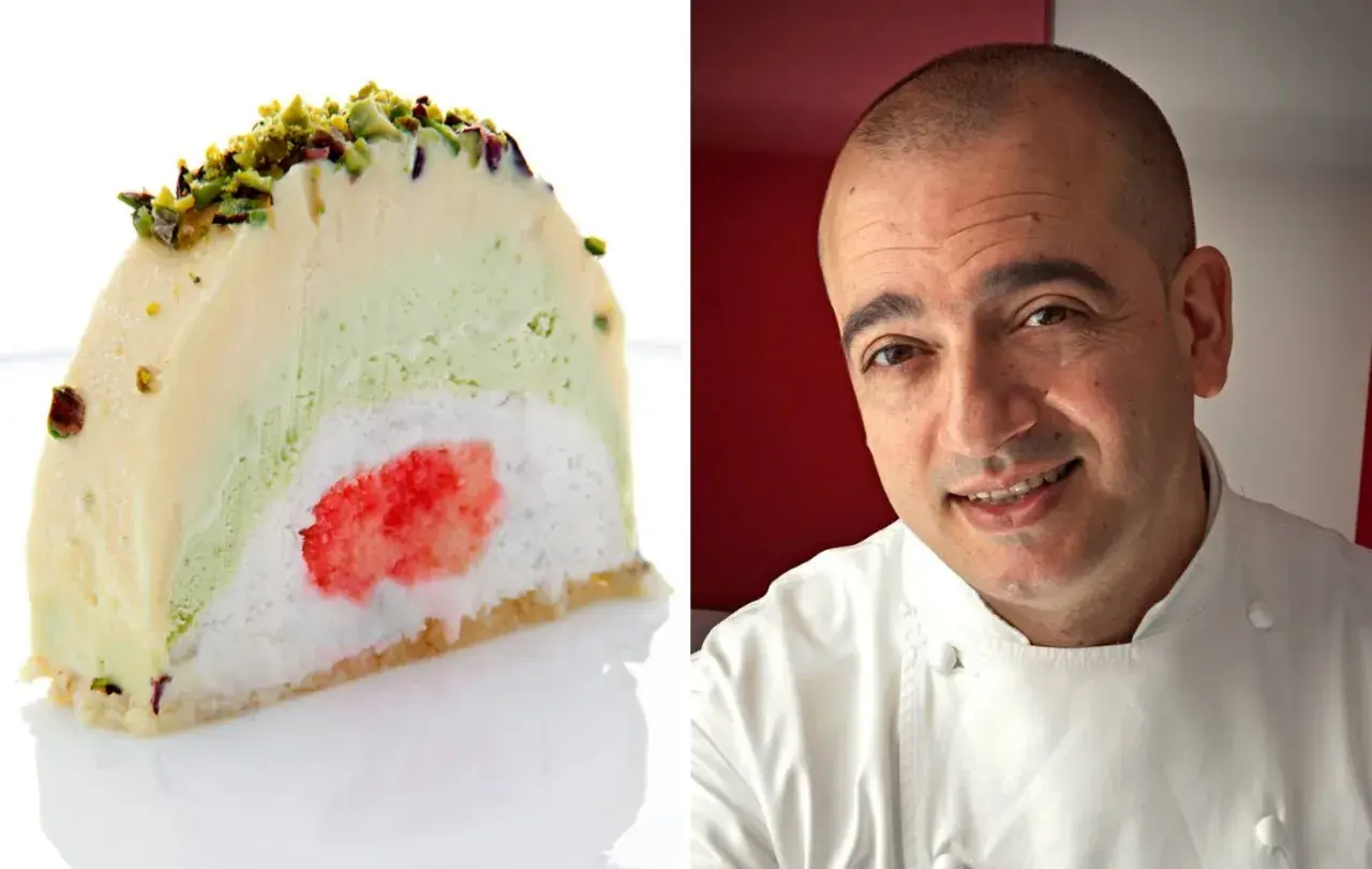 Una fetta di cassata siciliana gelato, con strati di gelato alla crema, pistacchio e un cuore rosso, accanto a un cuoco sorridente.