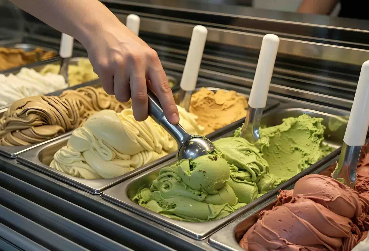 Mano che preleva il primo gusto di gelato inventato, un cremoso pistacchio, da una vaschetta piena di delizie.