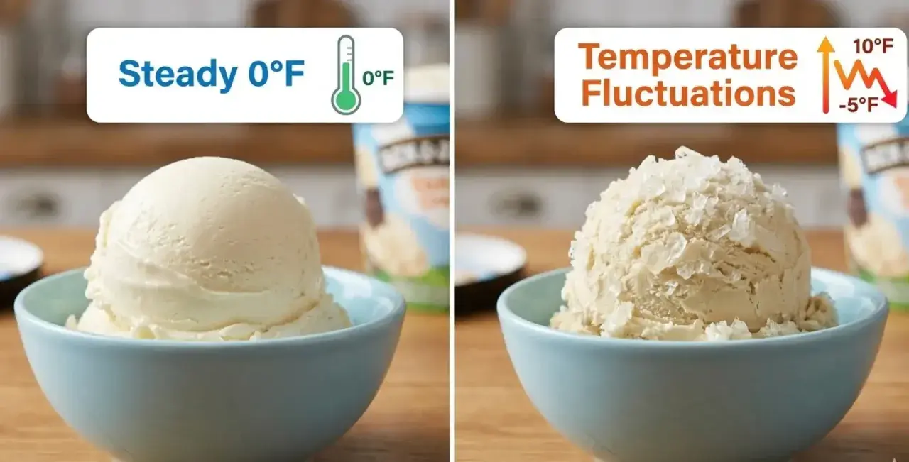 Gelato perfetto a 0°F, mentre quello con fluttuazioni di temperatura mostra cristalli di ghiaccio, segno di gelato sciolto in freezer.