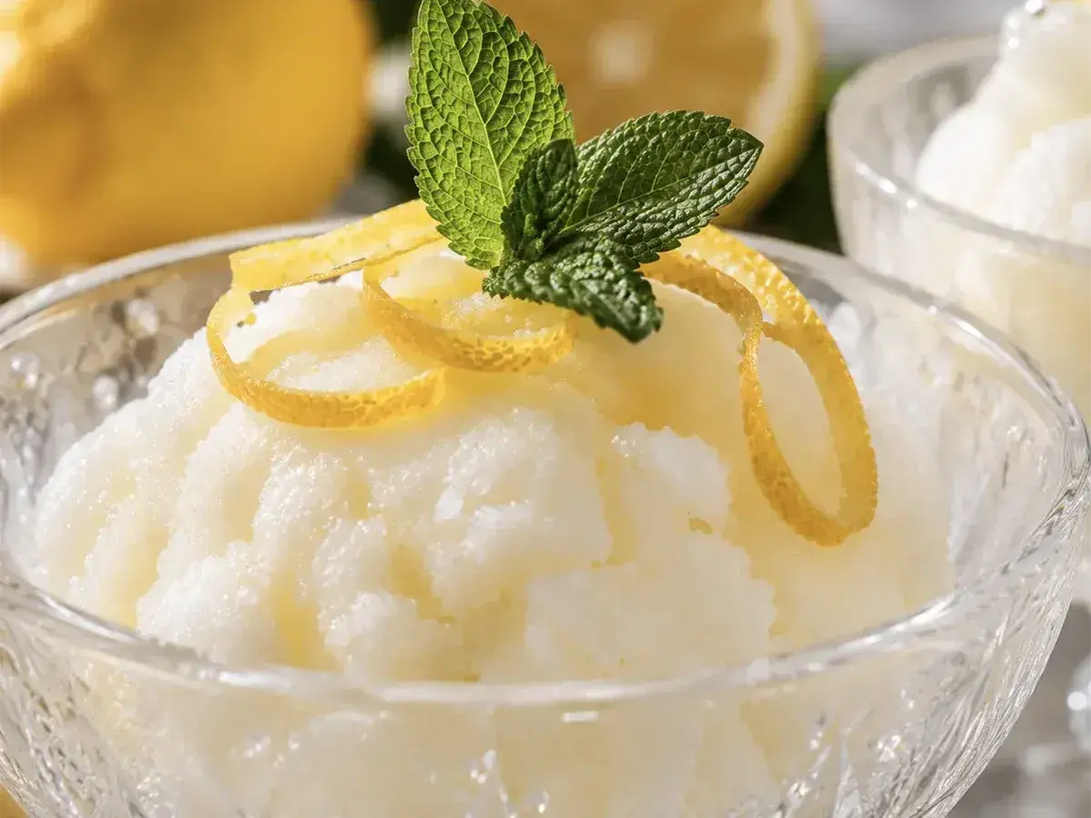 Sorbetto al limone con gelato, guarnito con scorza di limone e menta, in una coppetta di cristallo.