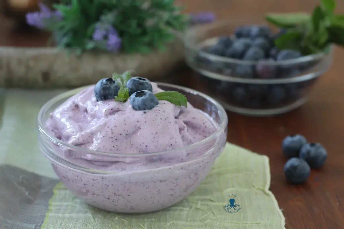Delizioso gelato ai mirtilli fatto in casa con gelatiera, guarnito con mirtilli freschi e menta.