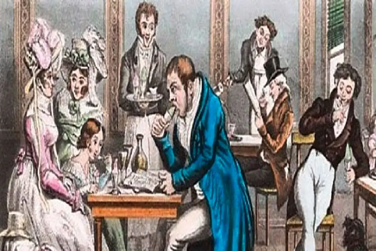 Un uomo in abito blu gusta un gelato, forse chiedendosi chi ha inventato questo piacere. Altri clienti e camerieri in un locale d'epoca.