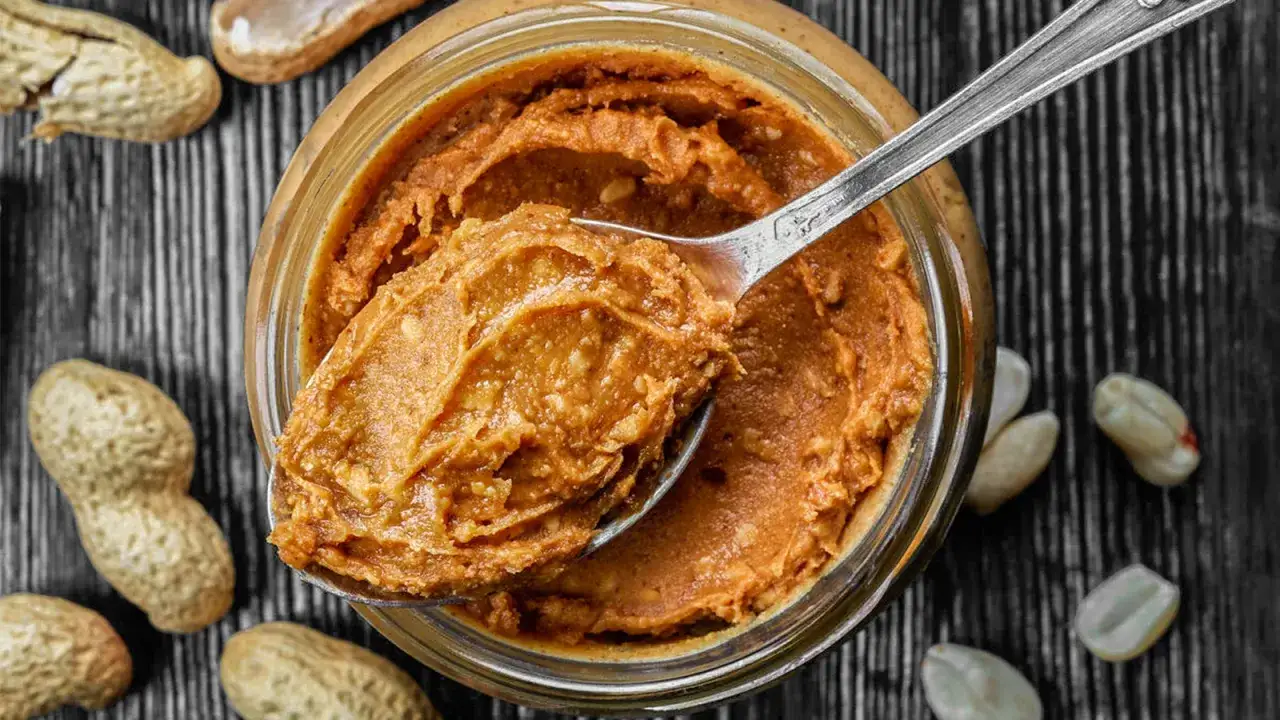 Un cucchiaio raccoglie cremoso burro di arachidi da un barattolo, con arachidi sparse intorno. Perfetto per la tua prossima ricetta!