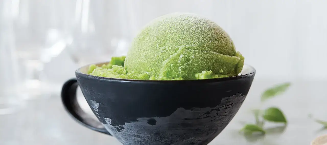 Una pallina di sorbetto di mela verde brillante, cosparsa di brina, riposa in una ciotola scura.