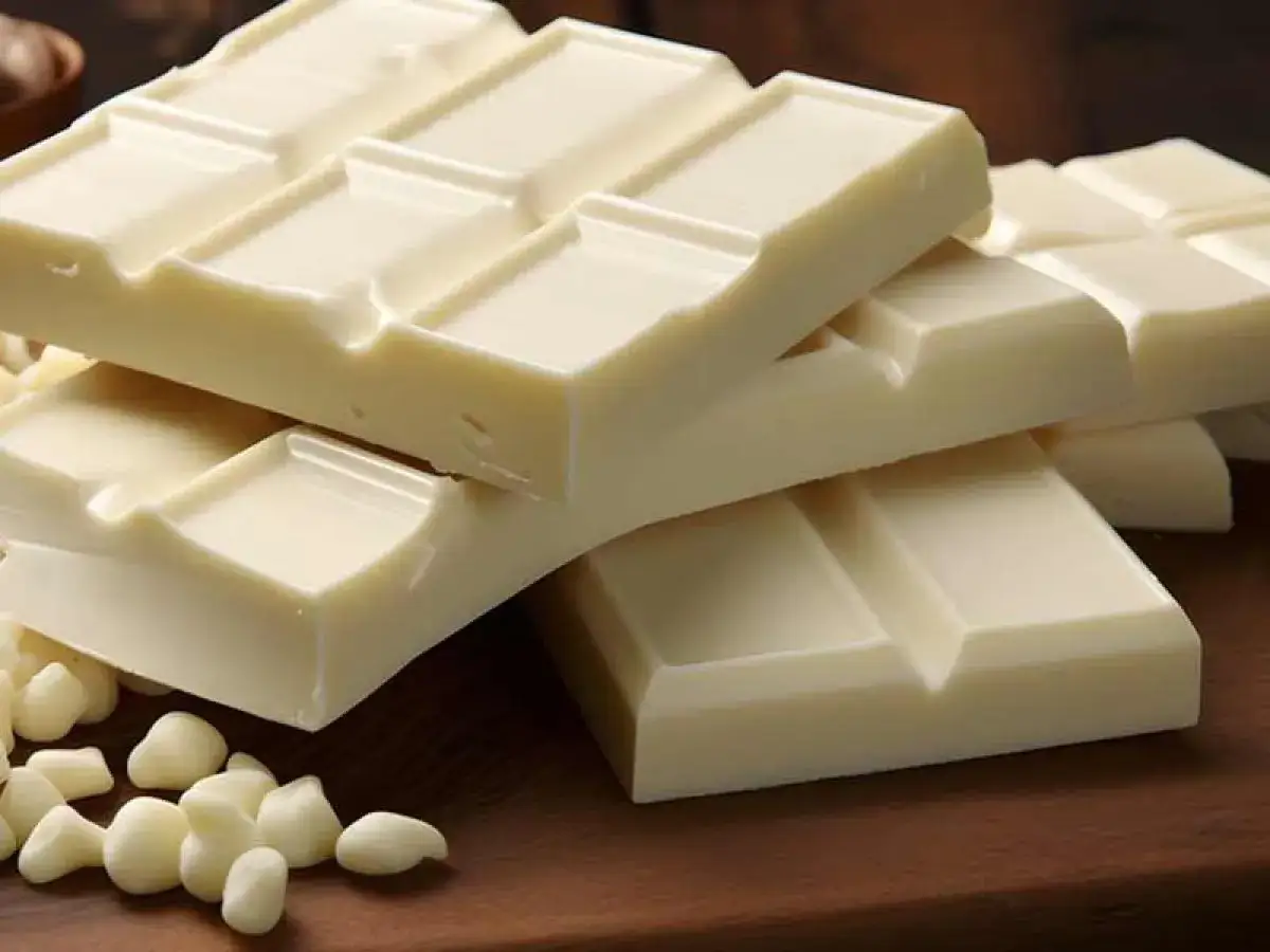 Barrette di cioccolato bianco impilate, con gocce sparse. Scopri com'&egrave; fatto il cioccolato bianco, cremoso e dolce.