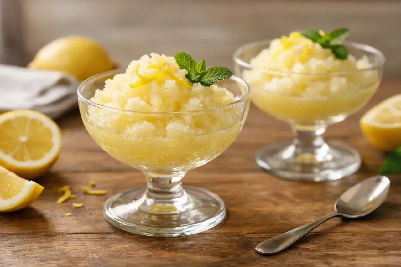 Sorbetto al limone, fresco e profumato, preparato con la gelatiera. Servito in coppette di vetro con scorzette e menta.