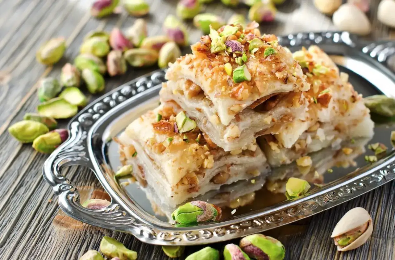 Delizioso baklava ricetta su un vassoio d'argento, cosparso di pistacchi croccanti e noci. Un dolce invitante.