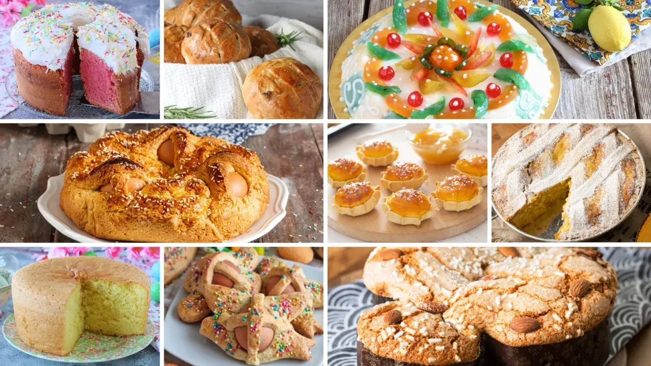 Collage di dolci pasquali: colomba, pastiera, casatiello, pasticcini e torte decorate.