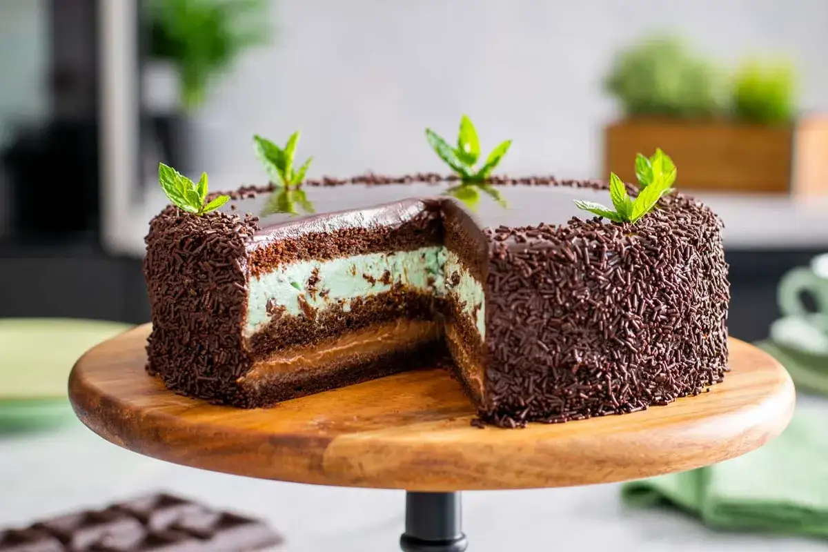Torta al cioccolato con ripieno alla menta e caramello, decorata con codette e foglioline di menta. Un vero gusto After Eight.