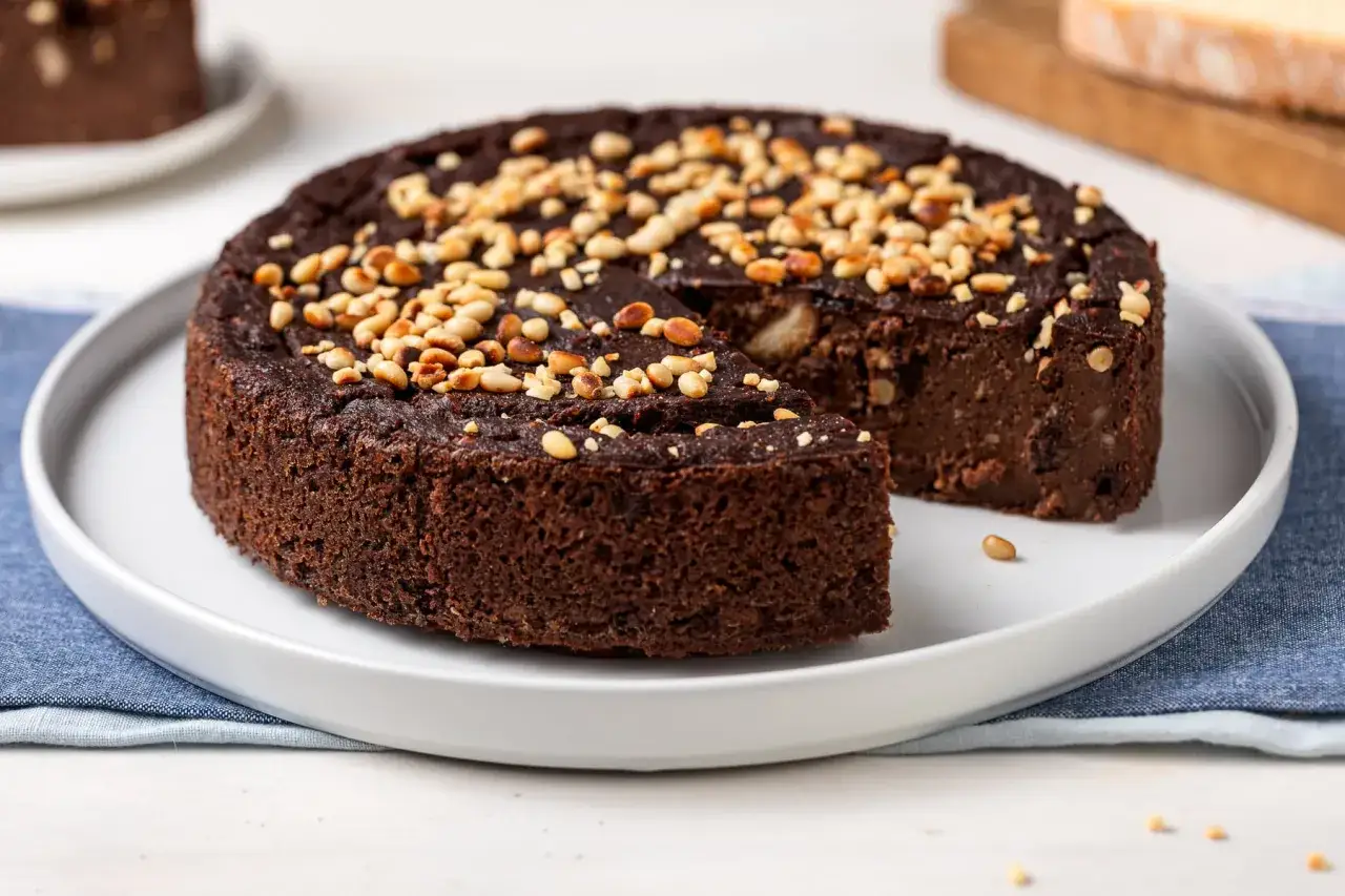 Torta paesana al cioccolato, ricca e umida, guarnita con pinoli tostati. Una fetta è stata già servita, lasciando intravedere la sua consistenza.