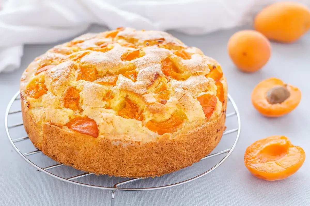 Torta albicocche dorata e soffice, con pezzi di frutta succosa incastonati nell'impasto. Perfetta per una colazione o merenda.